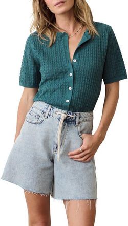 Marine Layer Lucia Pointelle Stitch Short Sleeve Cotton Blend Cardigan in Mediterranea at Nordstrom, Size X-Large