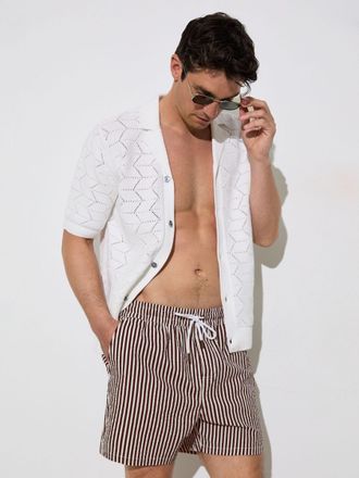Reiss Brown & white Seersucker Stripe Swim Shorts, Xxl