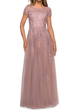 La Femme Cap Sleeve A-Line Gown In Mauve