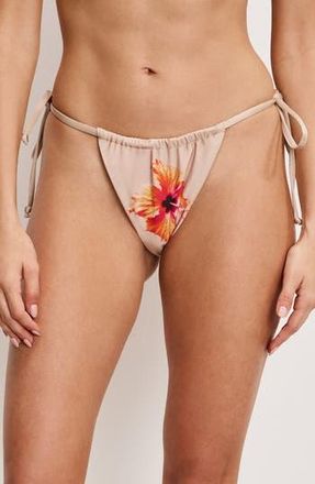 Good American Satin Tiny Ties Bikini Bottoms in Champagne Tropical Hibiscus001 at Nordstrom Rack, Size Medium