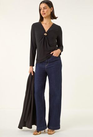 Roman V-Neck Metal Trim Stretch Top