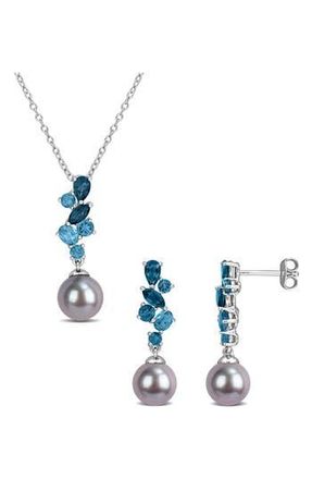 Delmar 8-8.5mm Cultured Freshwater Pearl & Gemstone Cluster Earrings & Necklace Set in Multi-Color/Blue at Nordstrom Rack