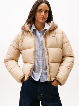 Tommy Jeans Steppjacke TOMMY JEANS TJW HOODED PUFFER JACKET, Damen, Gr. XL (42), malted milk, Web, Obermaterial: 100% Nylon, unifarben, regular fit, Jacken Steppj