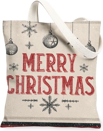 Generic Christmas Snowflake Canvas Tote Bags, Holiday Ornament Pattern Reusable Bags, Winter Vintage Lightweight Washable Shoulder, Beige, 13x15 Inch