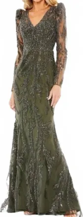 Mac Duggal Long Sleeve Beaded V-Neck Gown In Olive Green
