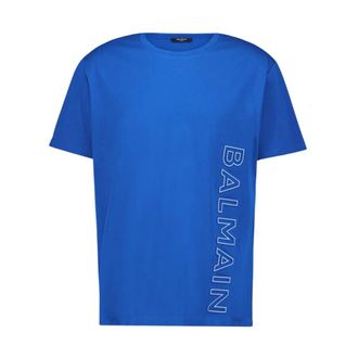 Balmain T-Shirts, male, Blue, S, Logo-Print Cotton T-Shirt
