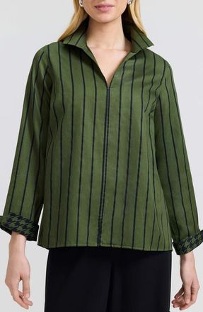 Foxcroft Agnes Stripe Cotton Popover Top in Basil Green/Black at Nordstrom, Size X-Large