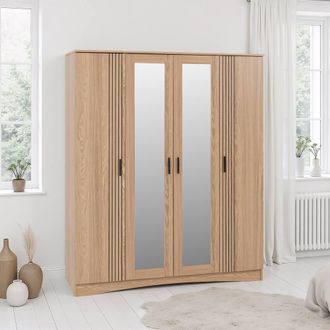Seconique Tessa 4 Door Mirrored Wardrobe-Natural Oak Effect in Light Oak