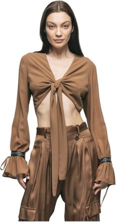 Ga&euml;lle Paris Cropped Georgette Blouse met Pofmouwen - Dames - Blouses - Bruin - S - Overhemden