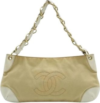 Chanel Pre-owned Coco Mark Canvas Leren Schoudertas - Dames - Vintage Schoudertas - Beige - ONE Size - Leer - Vintage