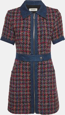 Sandro Multicolour Check Tweed Denim Trim Mini Dress