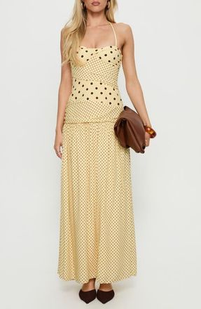 Princess Polly Marguerite Halter Dot Print Maxi Dress in Lemon/Brown Polkadot at Nordstrom, Size 10