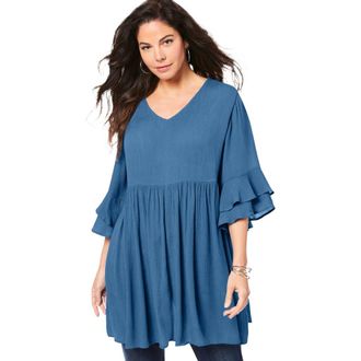 Roaman's Hand Crinkled Flutter Sleeve Tunic in Dusty Indigo at Nordstrom, Size 20