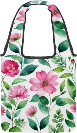 Generic Flowers and Green Leaves Reversible Canvas Shoulder Tote - Double-Sided Print, 12oz Cotton, 27cm Drop, Fold-Flat Bag for Travel, Shopping, Street Outi