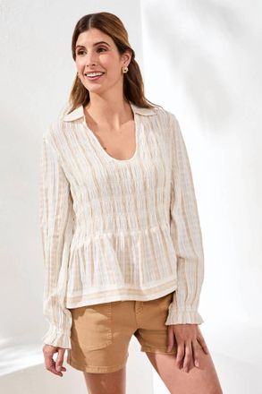 Tribal Crinkled U-Neck Long Sleeve Smocked Blouse In Sesame