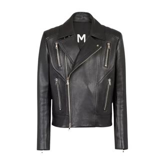 Balmain Zwarte leren bikerjack - Heren - Leren en Su&egrave;de Jassen - Zwart - XL - Katoen - Jassen