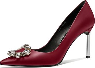 Castamere Women Stiletto High Heel Pointed Toe Pumps Court Shoe Slip-on Diamond Crystal Wedding Party 8.5 CM Heels Burgundy Wine Red Satin 6 UK