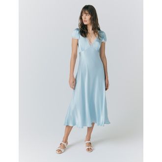 Ghost London Lillie Lace Trim Satin Dress in Light Blue at Nordstrom, Size 10