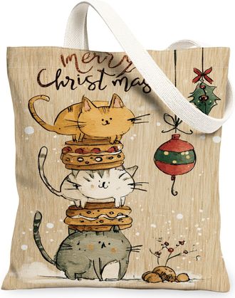 Generic Christmas Cats Canvas Tote Bags, Feline Pattern Reusable Grocery Bags, Holiday Lightweight Washable Shoulder Strap Canvas F, Beige, 13x15 Inch