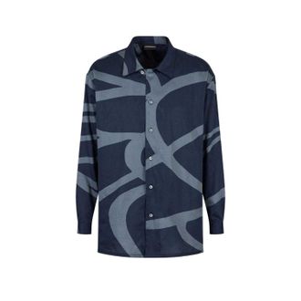 Emporio Armani Mens Abstract Cotton Long-Sleeved Shirt (Blue) - Size Small