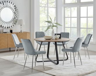 Furniturebox Santorini Brown Round Dining Table & 4/6 Pesaro Silver Leg Chairs in Grey