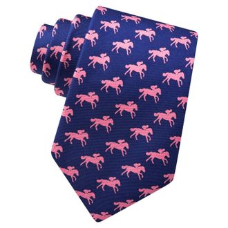 Alynn Mens 100% Silk Blue & Pink Photo Finish Horse Race Racing Xl Extra Long Tie Necktie, Blue, One size