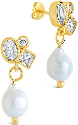 Sterling Forever Penny Cubic Zirconia Cluster & Freshwater Pearl Drop Earrings in Gold at Nordstrom