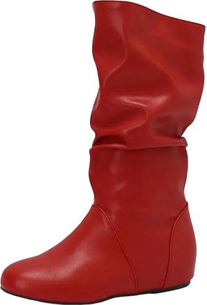 Generic Womens Fashion Mid Calf Booties Round Toe High Height Increasing Heel Slip On With Pleated Shaft Design