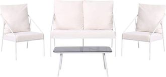 Beliani Garden Set White Metal Cotton 4 Seater Cushions with Removable Covers Armchairs Sofa Table Modern USTICA