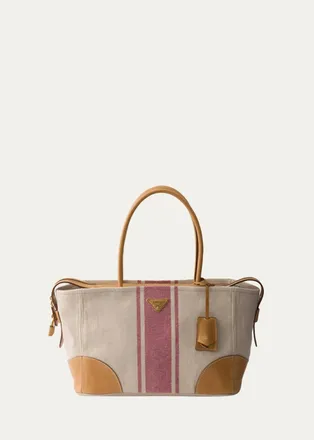 Prada Striped Canvas Leather-Trim Tote Bag