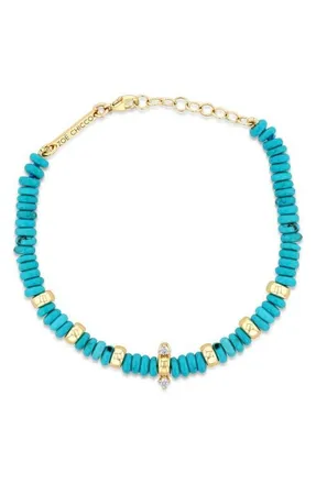 Zo&euml; Chicco Turquoise & Rondelle Gold Bead Bracelet with Diamonds in 14K Yellow Gold at Nordstrom, Size 7