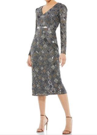 Mac Duggal Long Sleeve V-Neck Midi Dress In Charcoal