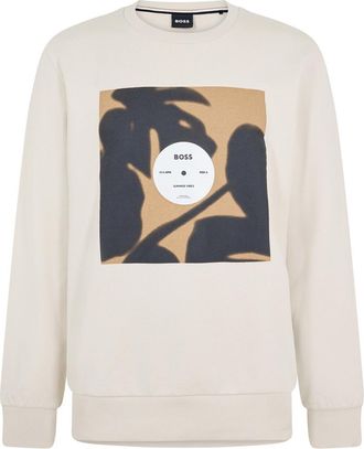 HUGO BOSS Mens Graphic Crew Neck Ribbed Collar Long Sleeve Sweatshirt in Open White - Size X-Large