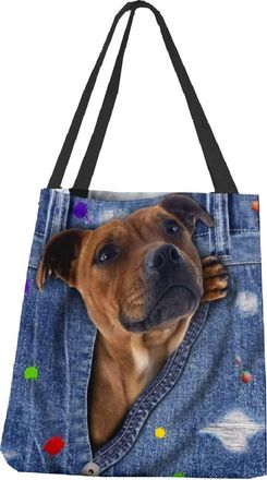 Generic Women Tote Bag Reusable Shoulder Bag Foldable Handbag Hobo Bag For Beach Shopping Travel Gym Picnic Staffordshire Terrier Dog, Staffy Dog Rainbow Wate