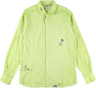 Bob Groene matcha katoenen linnen shirt met airbrush borduurwerk - Heren - Casual Overhemden - Groen - 2XL - Katoen - Overhemden
