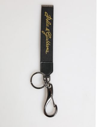Dolce & Gabbana Mens Black Yellow Polyester Dg Logo Silver Keychain Keyring Real Brass Calfskin Accessory
