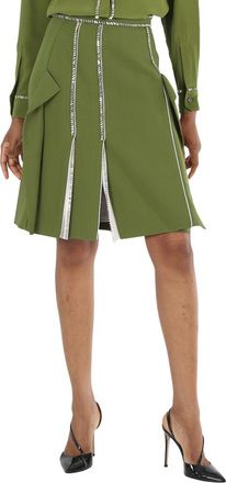 Burberry Ladies Cedar Green Crystal Detail Panelled Wool-Crepe A-Line Skirt, Brand Size 4 (US Size 2)