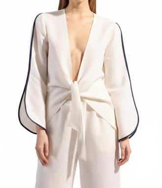 Adriana Degreas Bicolor Linen Tie Front Blouse In Off White