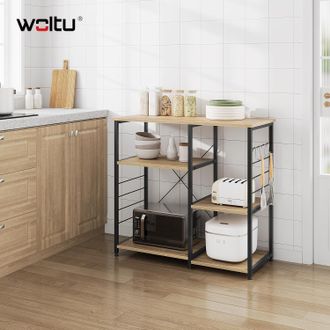 Woltu Woltu Scaffale Per Cucina Porta Microonde Forno A 4 Ripiani In Acciaio Legno Rovere