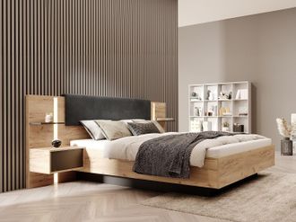 Vente-Unique Letto con LED + Rete + Comodini 160 x 200 cm Naturale e Antracite - ELYNIA