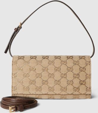 Gucci Crystal Small Pouch With Strap, Beige, Original GG Fabric