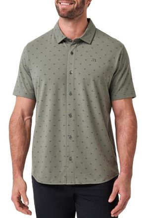 Travis Mathew Comfortknit Geo Short Sleeve Button-Up Shirt in Dark Olive at Nordstrom, Size Xx-Large