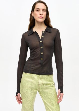 Ganni Black Sheer Mesh Jersey Buttoned Top - Size 32 Mixed