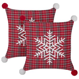 Beliani Beliani - Lote De 2 Cojines Decorativos Con Motivo Navide&ntilde;o Estampado Tart&aacute;n En Color Rojo 45 X 45 Cm Lonicera