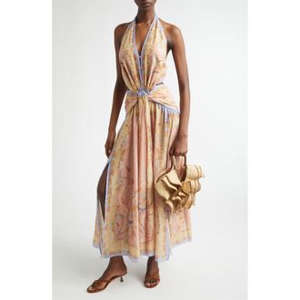 Zimmermann Indra Metallic Stripe Print Silk & Cotton Halter Maxi Dress in Pink Scarf Floral at Nordstrom, Size 3