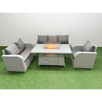 Fimous Patio pe Wicker 6 Seater Outdoor Rattan Furniture Sofa Sets with Firepit Dining Table Reclining Chair Loveseat Sofa 3 Seater Sofa Light Grey - Fimous