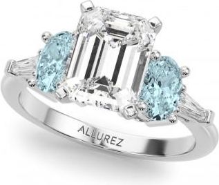 Allurez Emerald Cut Lab Grown Diamond & Oval Aquamarine Engagement Ring 14K White Gold (3.98ct)