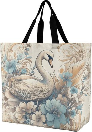 Generic Flowers And Swans Carry Bag Reusable Shoulder Bag Eco Friendly Shopping Bags For Travel Daily Use Camping