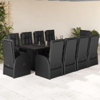 vidaXL Set De Comedor Jard&iacute;n 11 Pzas Con Cojines Rat&aacute;n Sint&eacute;tico Negro