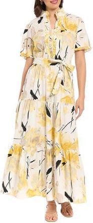 London Times Ruffle Neck Maxi Dress in Brilliant White/Yellow at Nordstrom Rack, Size 12